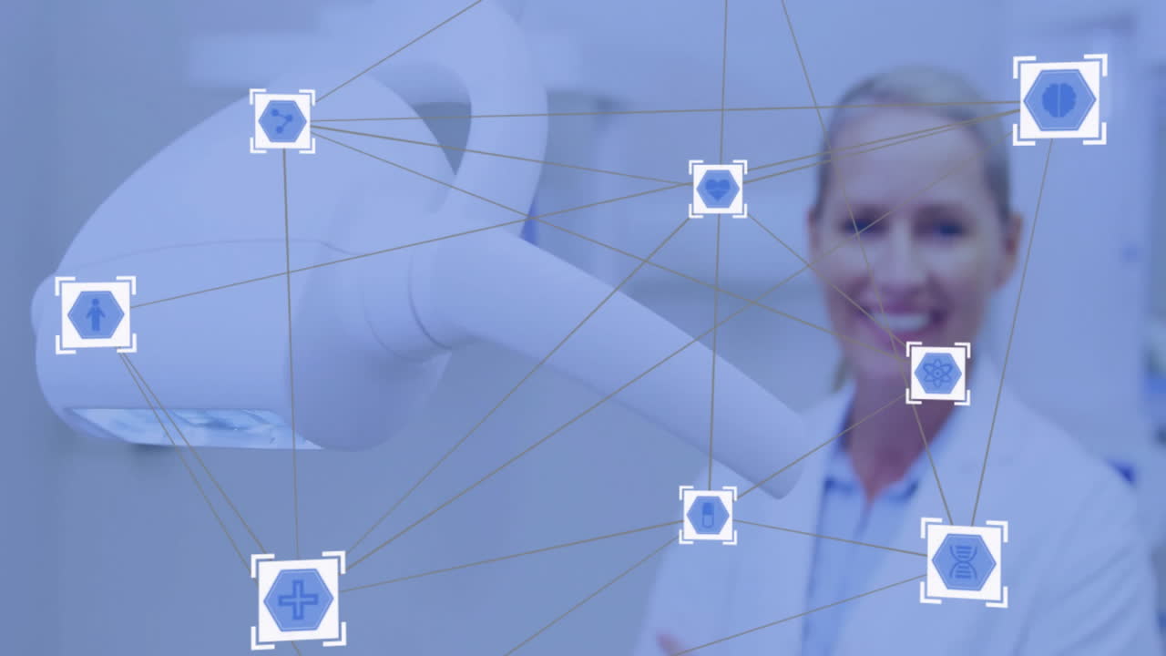 Network of medical icons and connections animation over smiling healthcare professional
