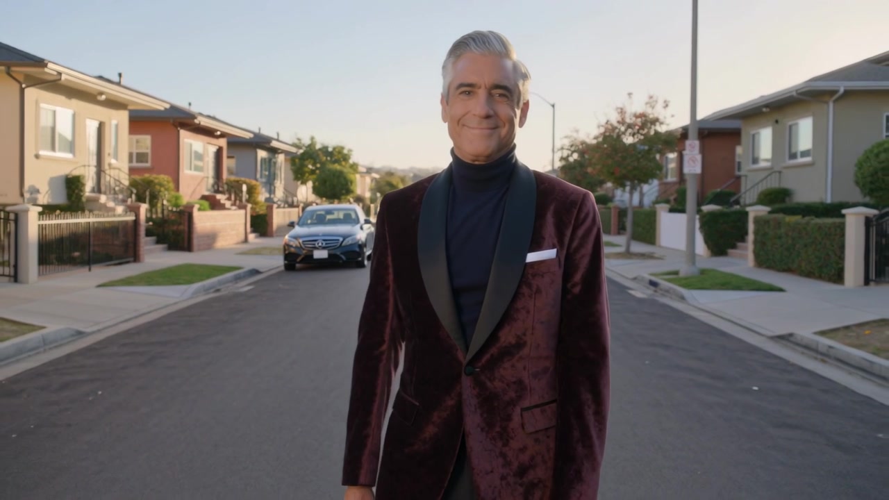 Walking senior man wearing burgundy tux modeling toward camera on suburban street, parked sedan