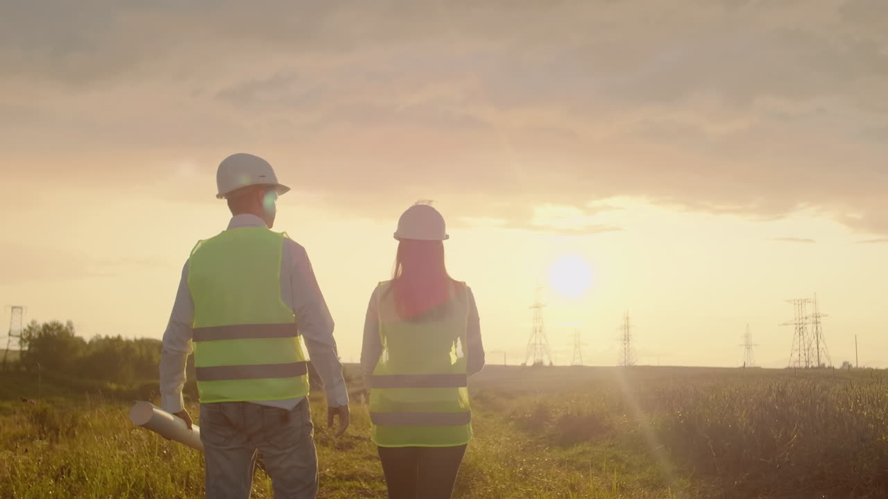 The view from the back: group of engineers at a high-voltage power plant with a tablet and drawings walk and discuss a plan for the supply of electricity to the city. Transportation of renewable clean energy.