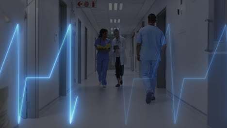 Animation-Eines-Herzfrequenzmonitors-über-Verschiedenen-Männlichen-Ärzten-Und-Weiblichen-Gesundheitsfachkräften,-Die-Im-Krankenhaus-Diskutieren