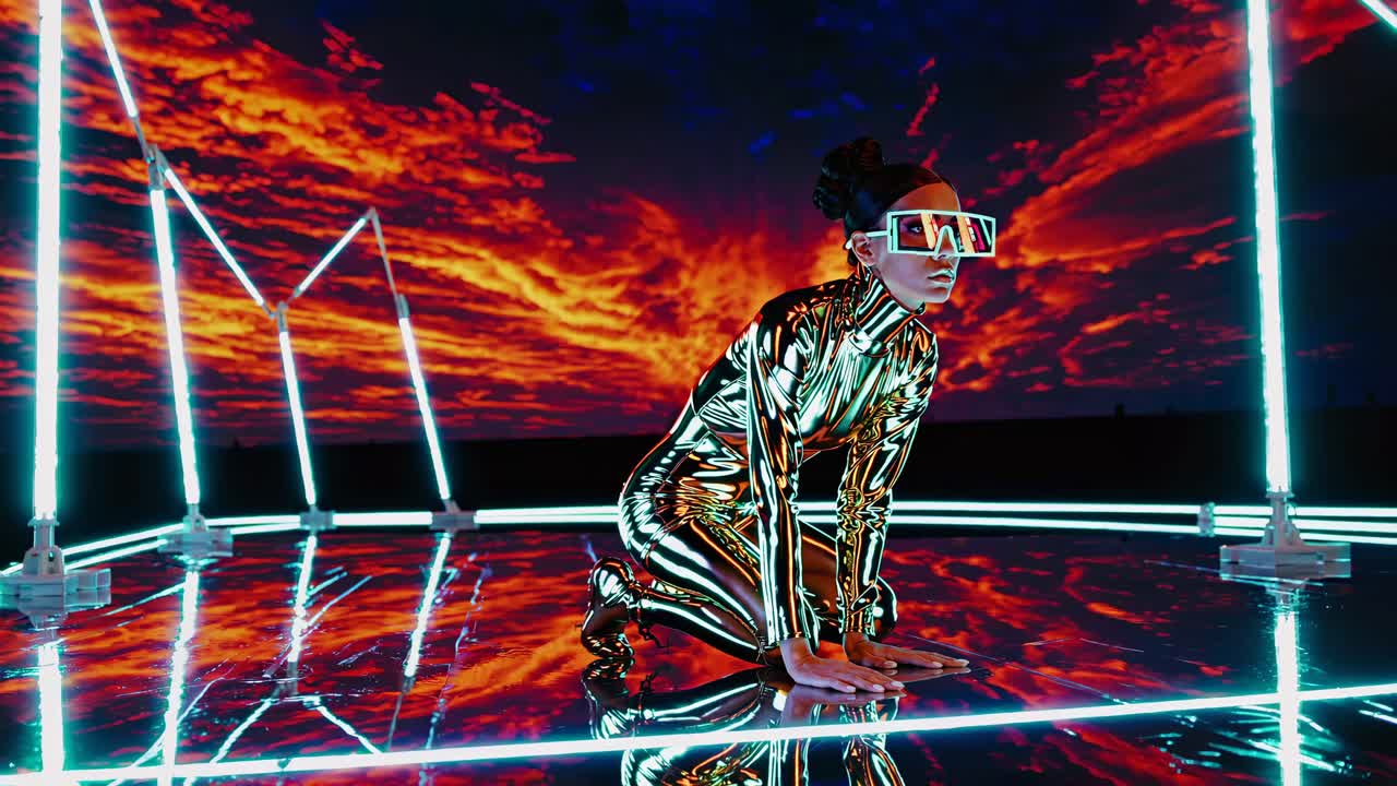 네온 불빛으로 조명된 미래의 여성