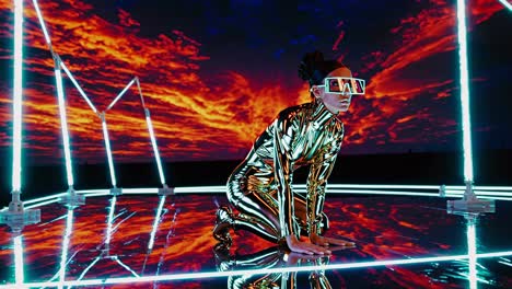 futuristic woman in a neon-lit setting