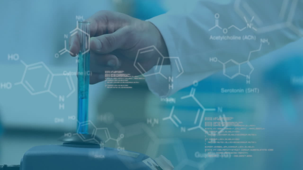 animación del procesamiento de datos científicos sobre un científico caucásico en el laboratorio.