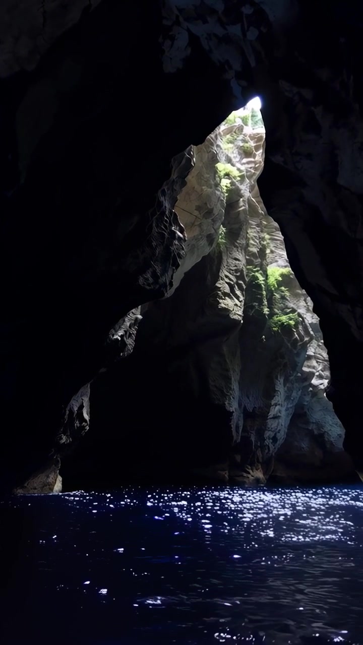 Video verticale: Telecamera che scorre rivelando una guglia triangolare illuminata dal sole in una grotta marina, con acqua scintillante e muschio.