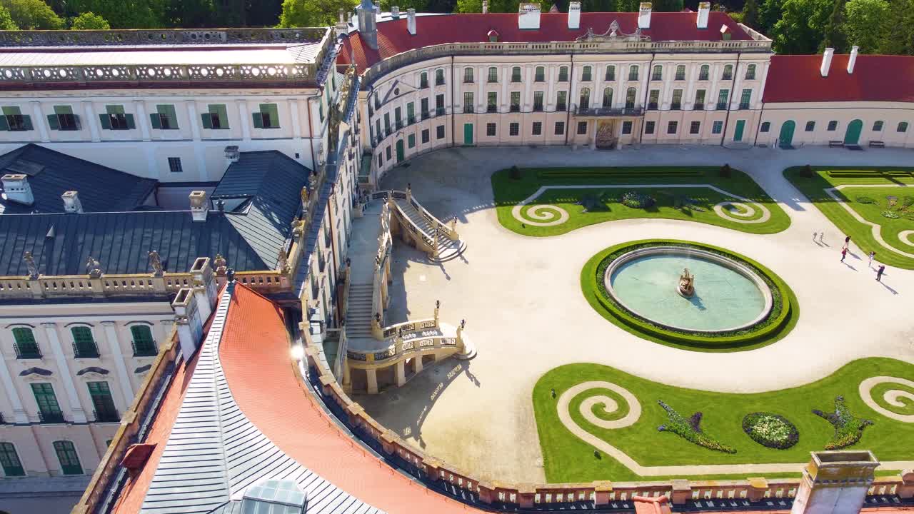 Drone captures the beautiful view of Esterhazy palace, Fertod, Hungary. Open area garden and Exterior view. Home of Joseph Haydn