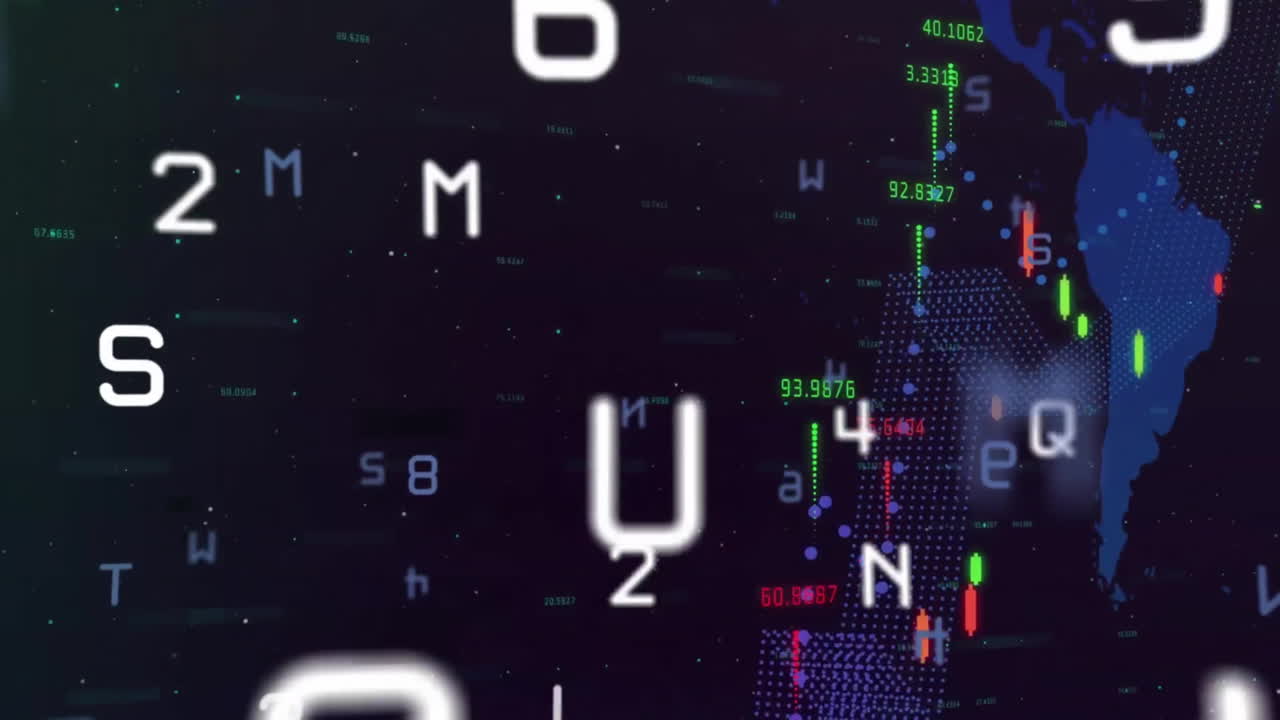 Animation of data processing over world map over dark background