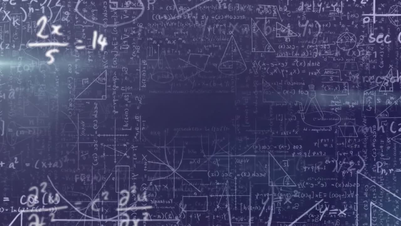 Digital animation of mathematical equations and diagrams floating against blue background
