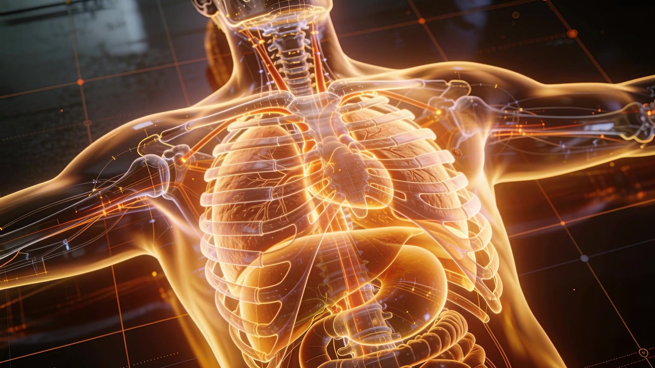 Clip starting showing clear torso pulsing and breathing in 3D lab, heart glowing, showing flow