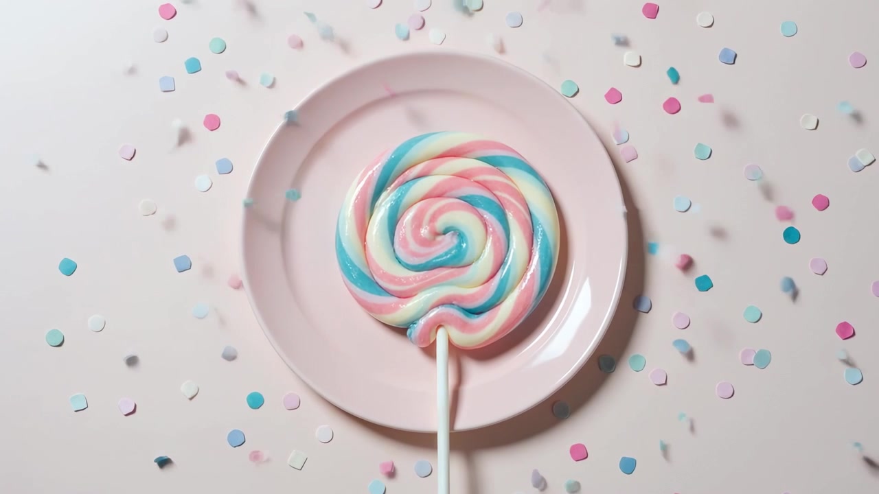 Vallende confetti omringt een pastelkleurige spiraallolly op een lichtroze bord, wat een feestelijke presentatie creëert