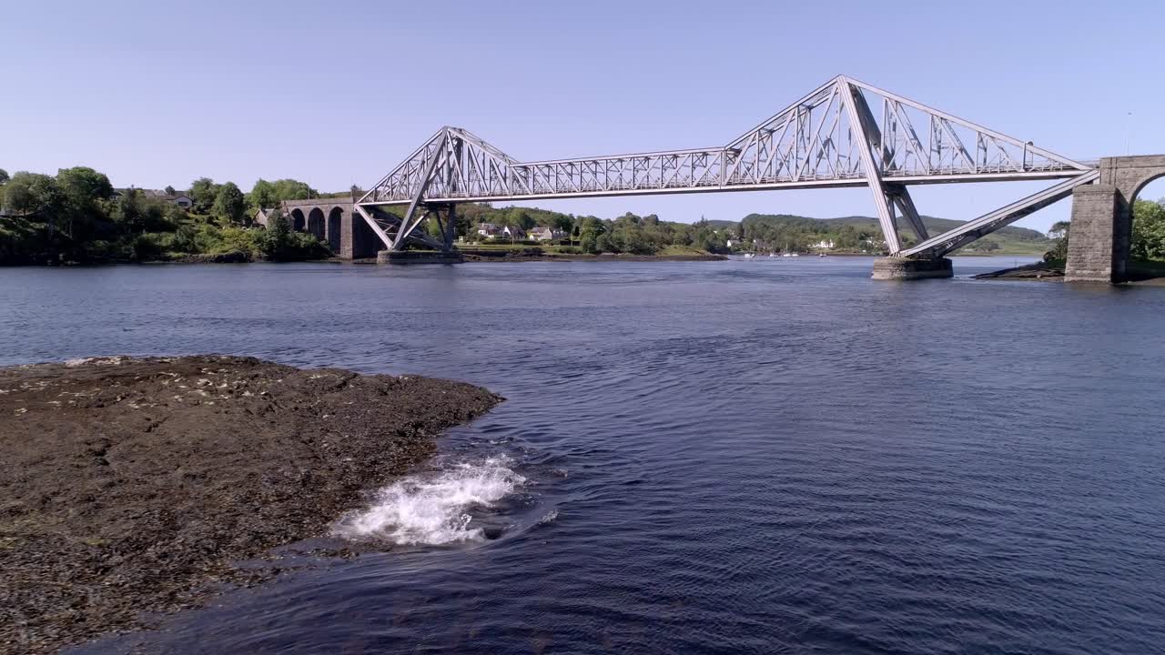 바다표범이 태양을 즐기고 코넬 다리를 배경으로 물속으로 뛰어드는 공중 사진