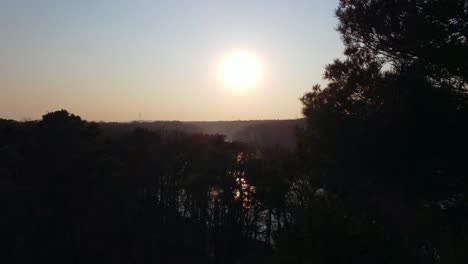 Vuelo-De-Vista-Aérea-De-1-Millón-De-Dólares-Subiendo-Lentamente-Imágenes-De-Drones-De-Una-Puesta-De-Sol-Y-Sin-Nubes-En-El-Bosque-En-Un-Lago-Forestal-En-Berlín,-Alemania