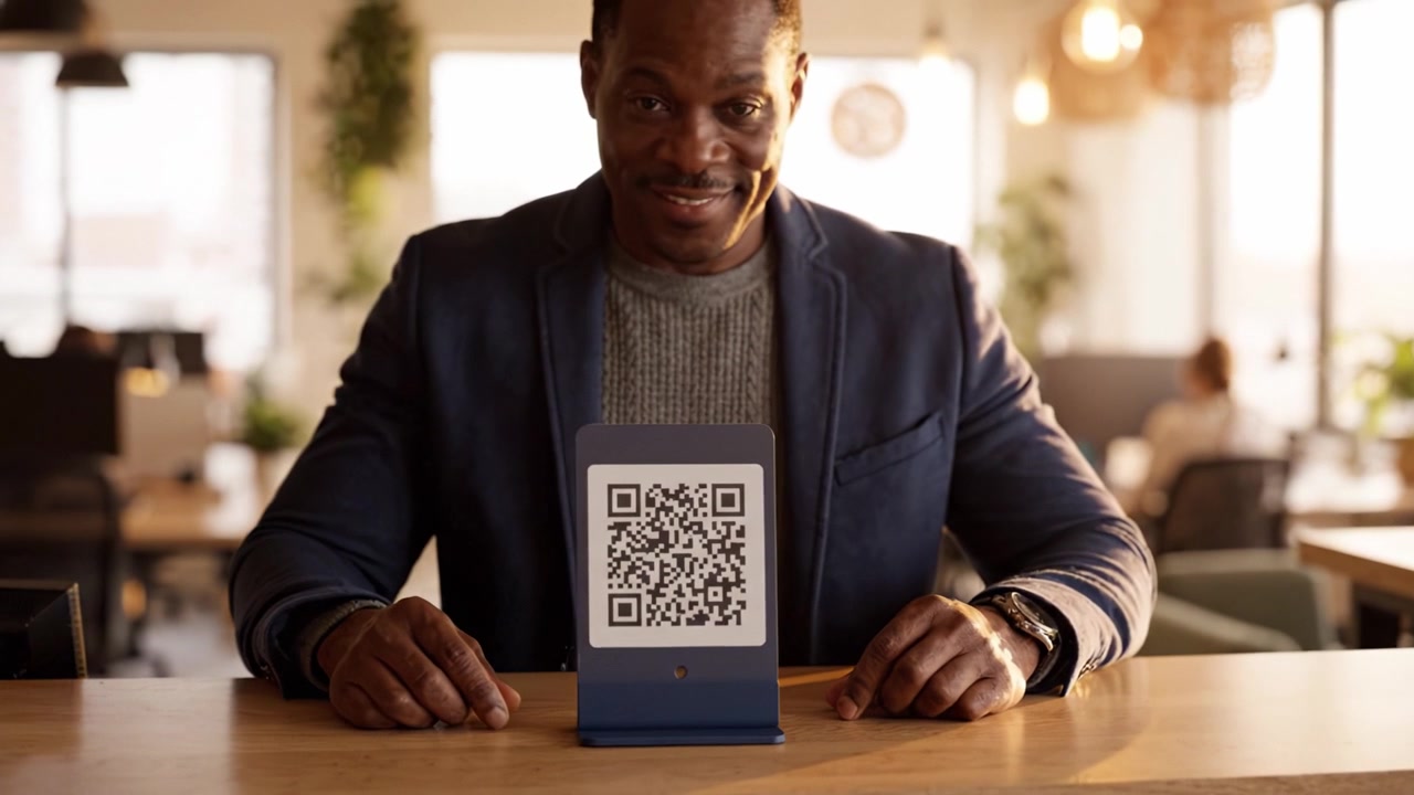 A Professional Man Engaged with QR Code Display in a Modern Office Setting, Showing Interaction with Technology and the Busy Work Environment Around Him