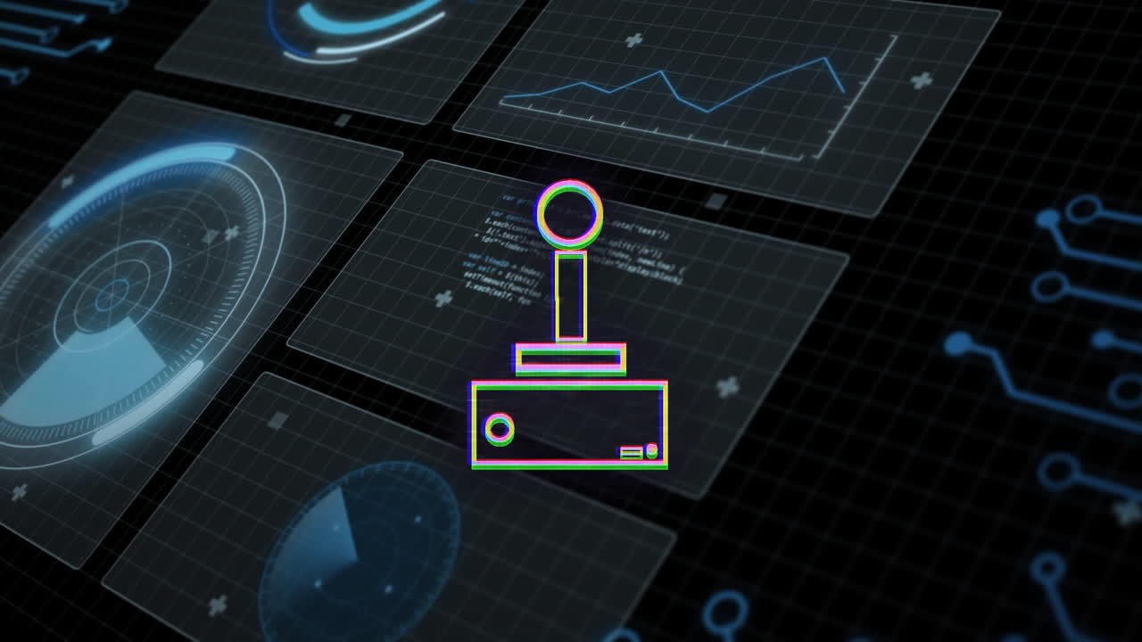 Joystick icon with animation over digital interface featuring futuristic graphs