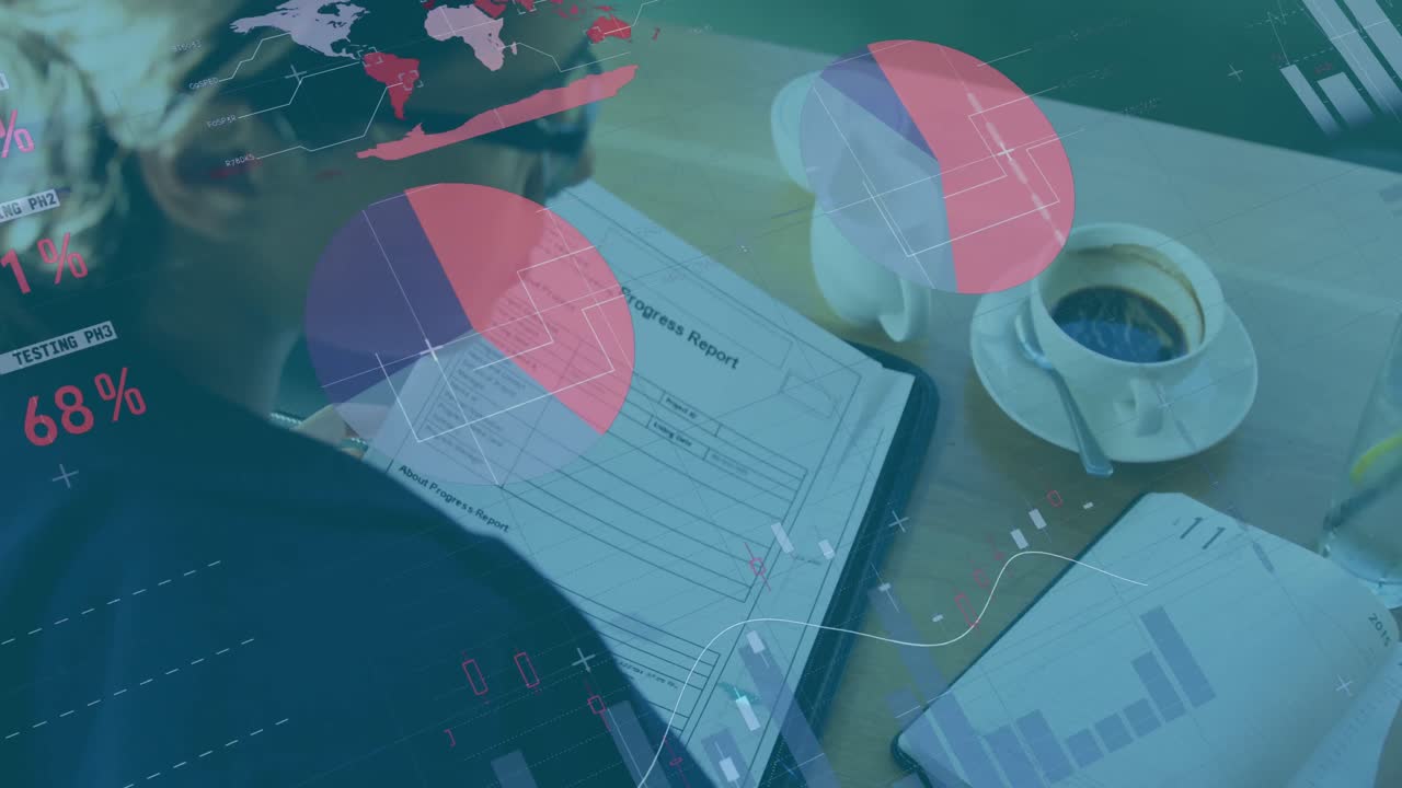 Animation of financial data processing and statistics recording over woman working in office