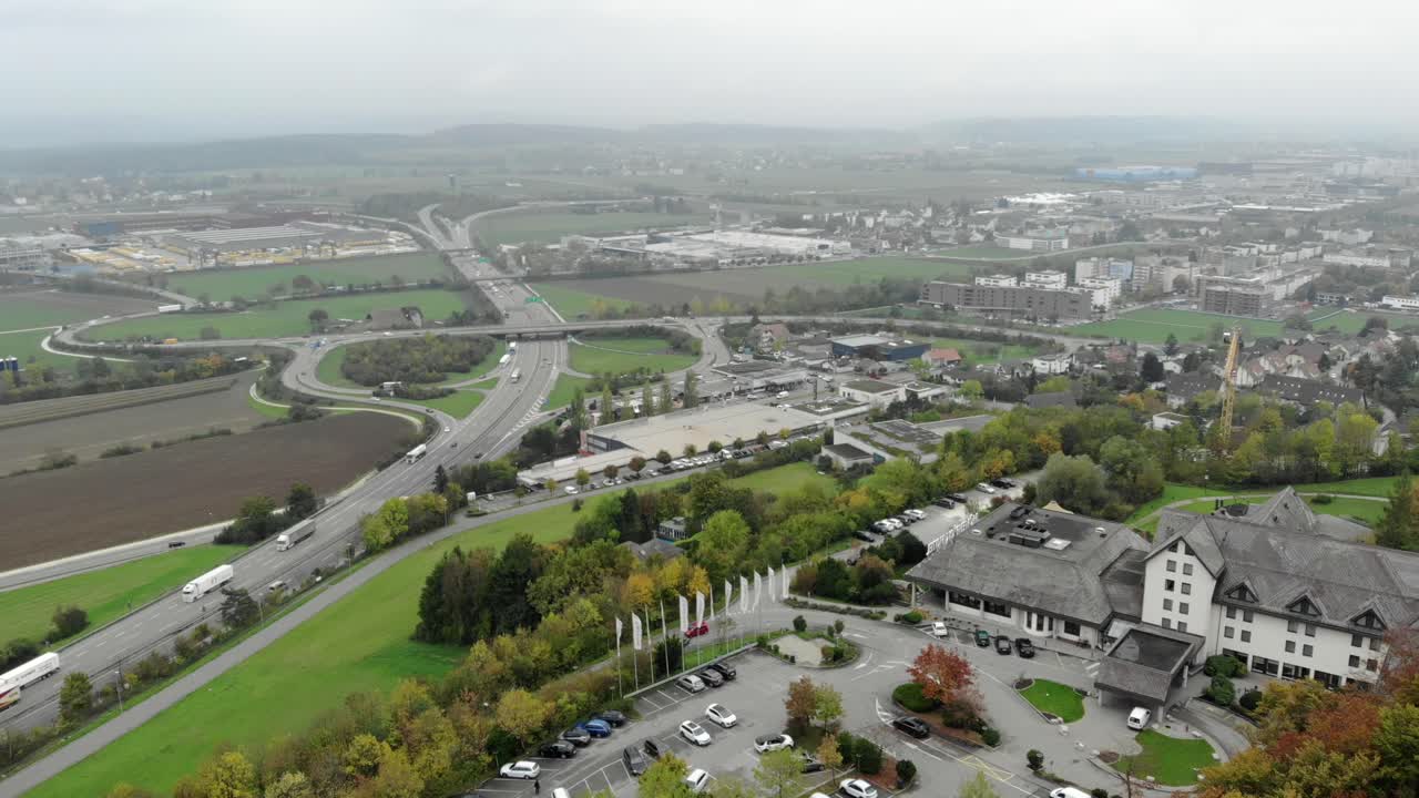 Aerial drone 8x timelapse of highway traffic in Egerkingen, Switzerland