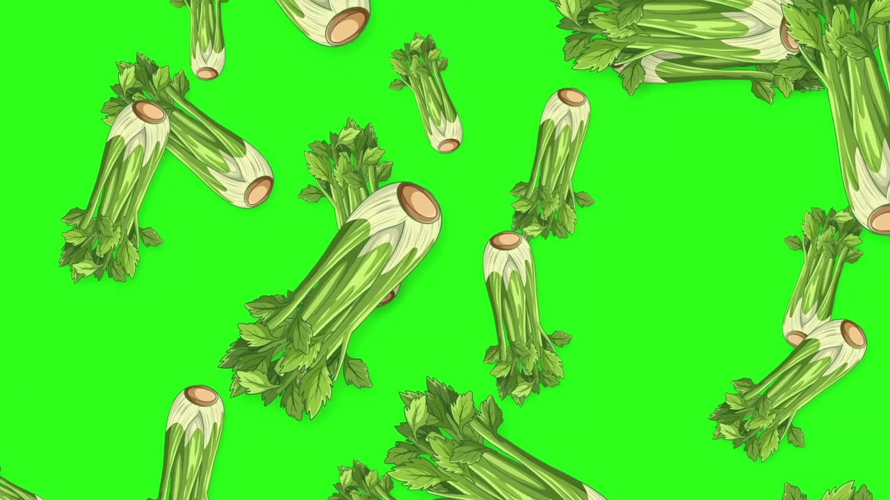 Animated fresh celery stalks fall and rotate against a vibrant green screen background.