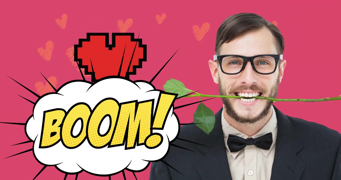 Animazione di un uomo sorridente con una rosa tra i denti, testo 'boom' su fumetto su sfondo rosa