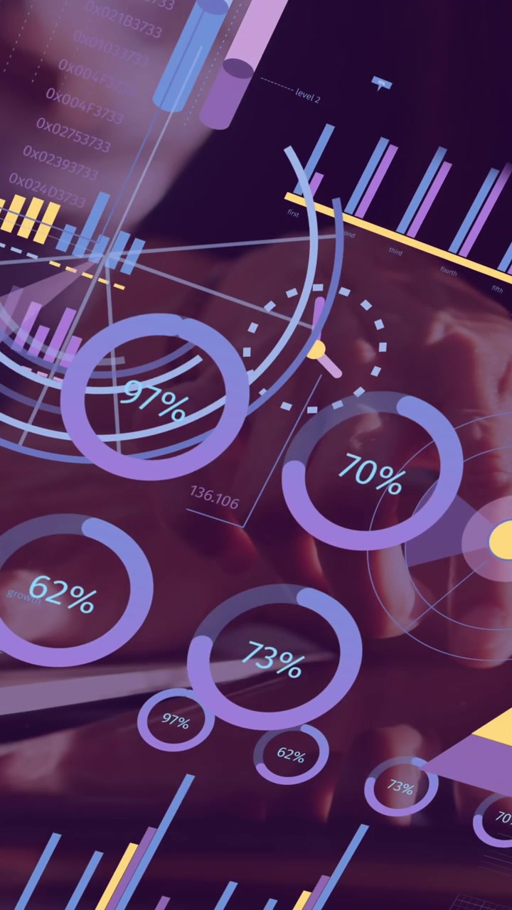 Animation of statistics and financial data processing over caucasian woman using laptop