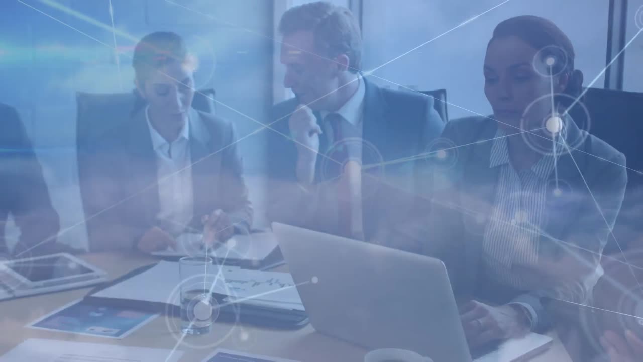 Animation of connections over diverse businesspeople talking and working