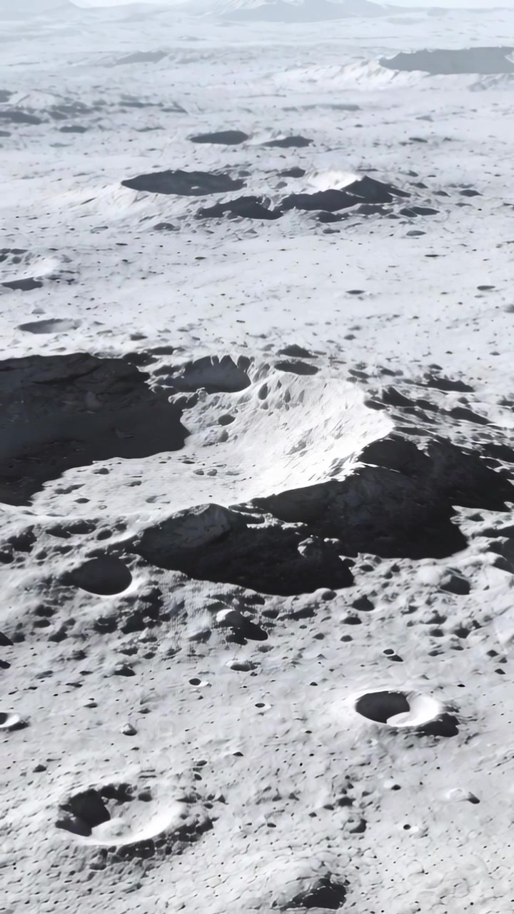 Vertical video: Shifting camera scanning lunar plain, revealing bright mound and nearby dark crater