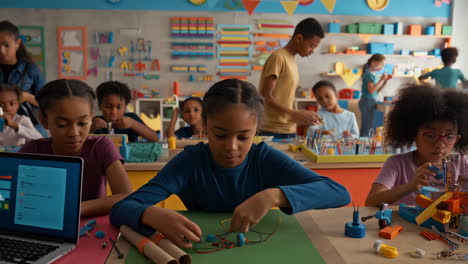 diverse group of children engaged in hands-on stem activities in a classroom
