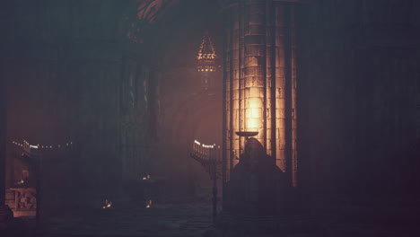 dark and eerie interior of an ancient church