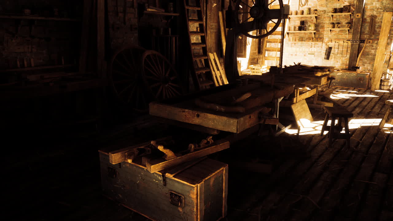 Old workshop with tools and sunlight streaming through windows