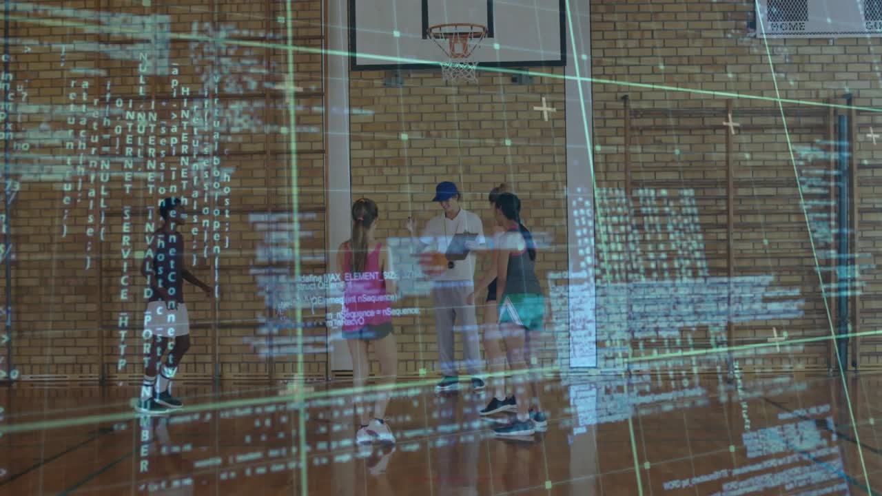 Male teen shooting to rim, coach handling ball for sports drill, code overlay sweeping over group