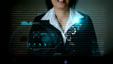 business woman using hud user interface panel for cyber and futuristic technology concept with dark and grain processed