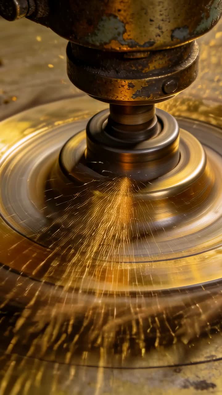 Video verticale: Mandrino rotante e disco di ottone che spruzzano scintille dopo un contatto più deciso dell'utensile sul banco.