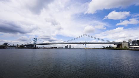 benjamin franklin bridge on a cloudy warm day over the delware river