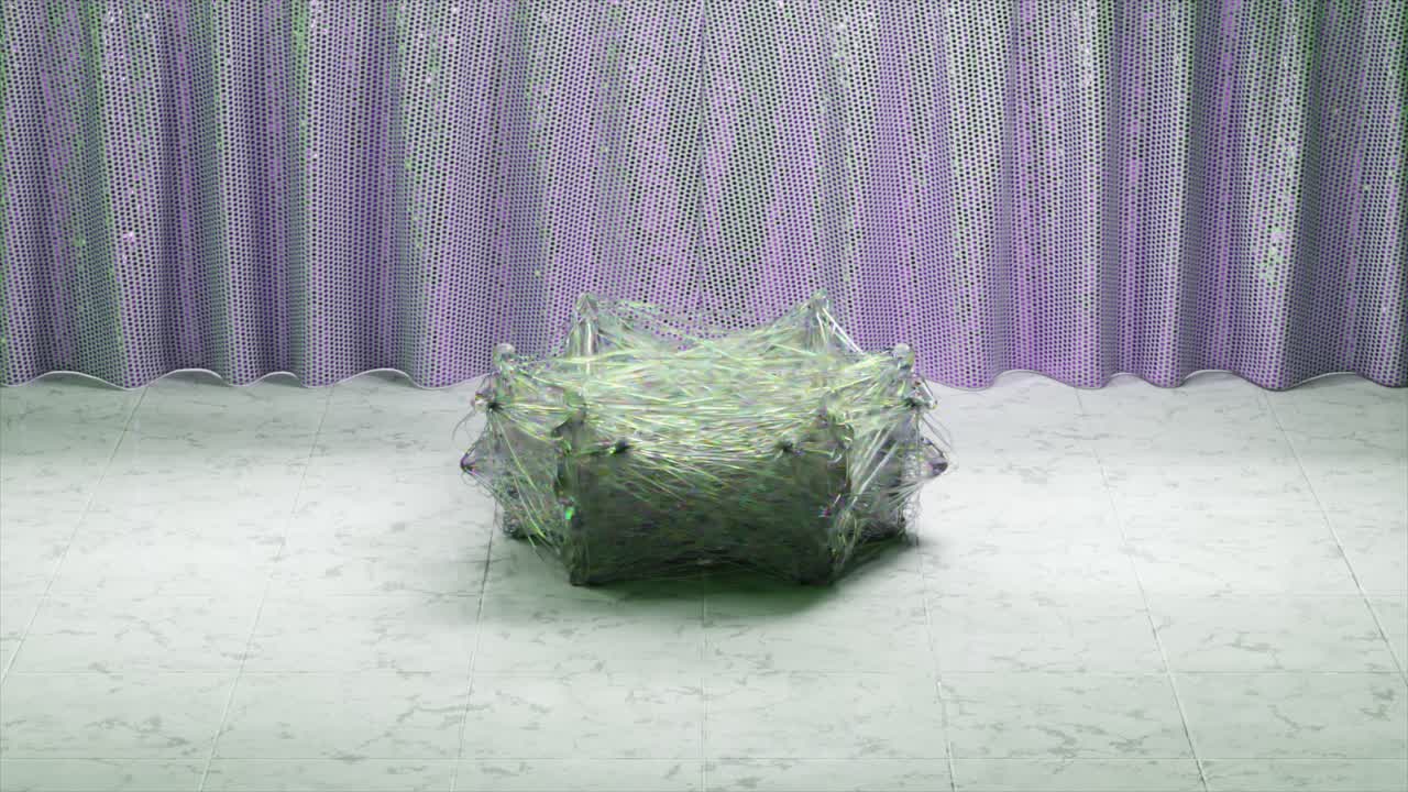 투명한 물체와 보라색 커튼을 가진 추상적인 기하학적 디자인