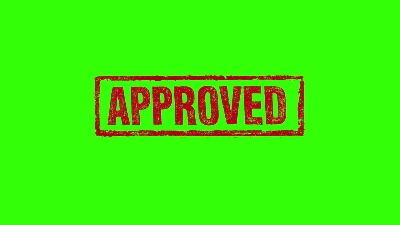 A realistic circular APPROVED rubber seal in deep red featuring an authentic distressed ink texture, worn edges natural imperfections for a genuine stamped appearance. 4K digital asset. Greenscreen