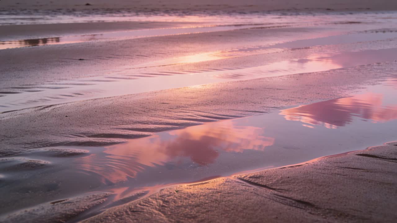 Landscape shallow tidal pool reflecting pink clouds as receding tide creating ripples for creators