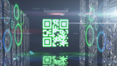 qr code scanner with neon elements against screen of microprocessor connections