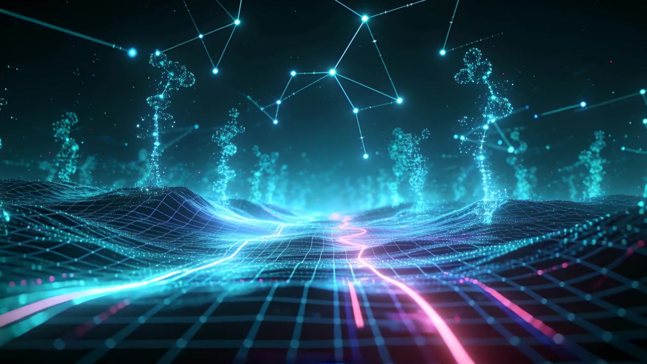 Camera moving, neon grid and pink path surging toward horizon evoking data stream with rising dots