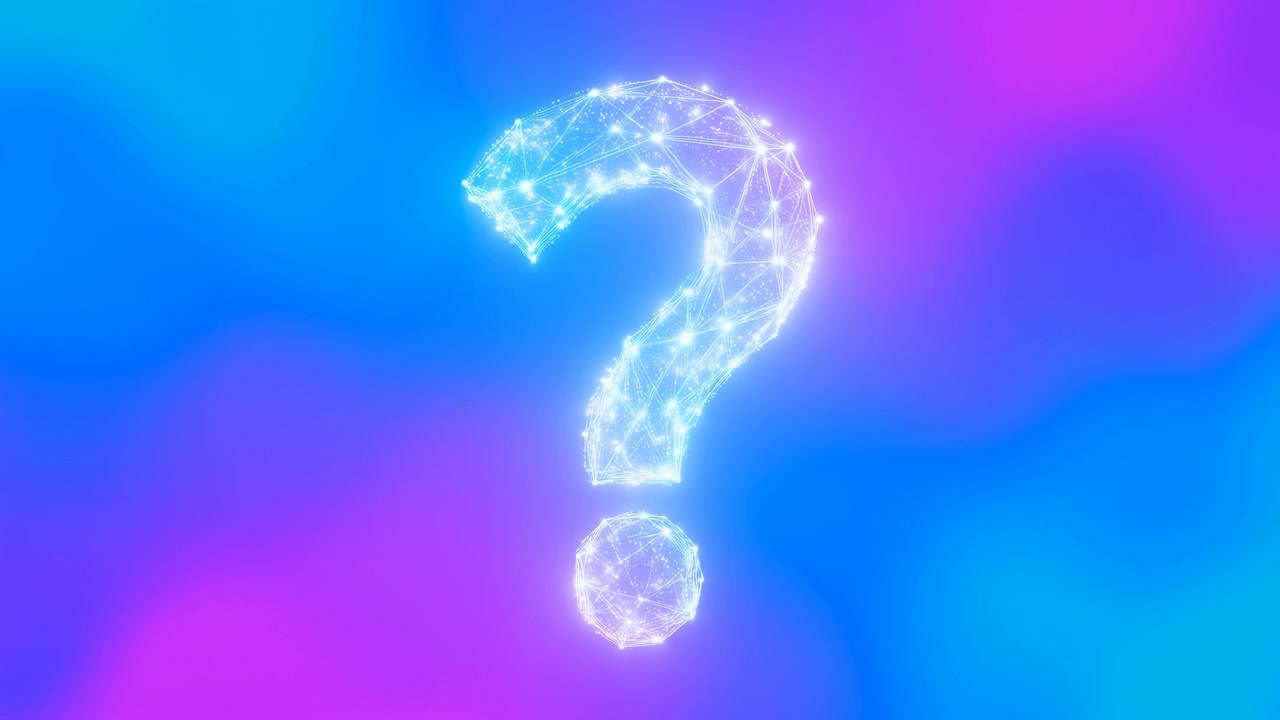Punto interrogativo luminoso rimane centrato mentre nodi scintillanti e sottili linee di connessione tremolano attraverso la sua maglia sfaccettata, circondato da campi di colore ciano, viola e rosa sfocati.