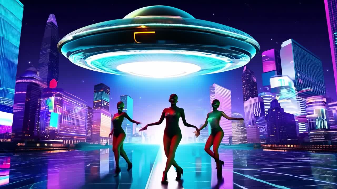 Neonlysdansere i byen under en UFO