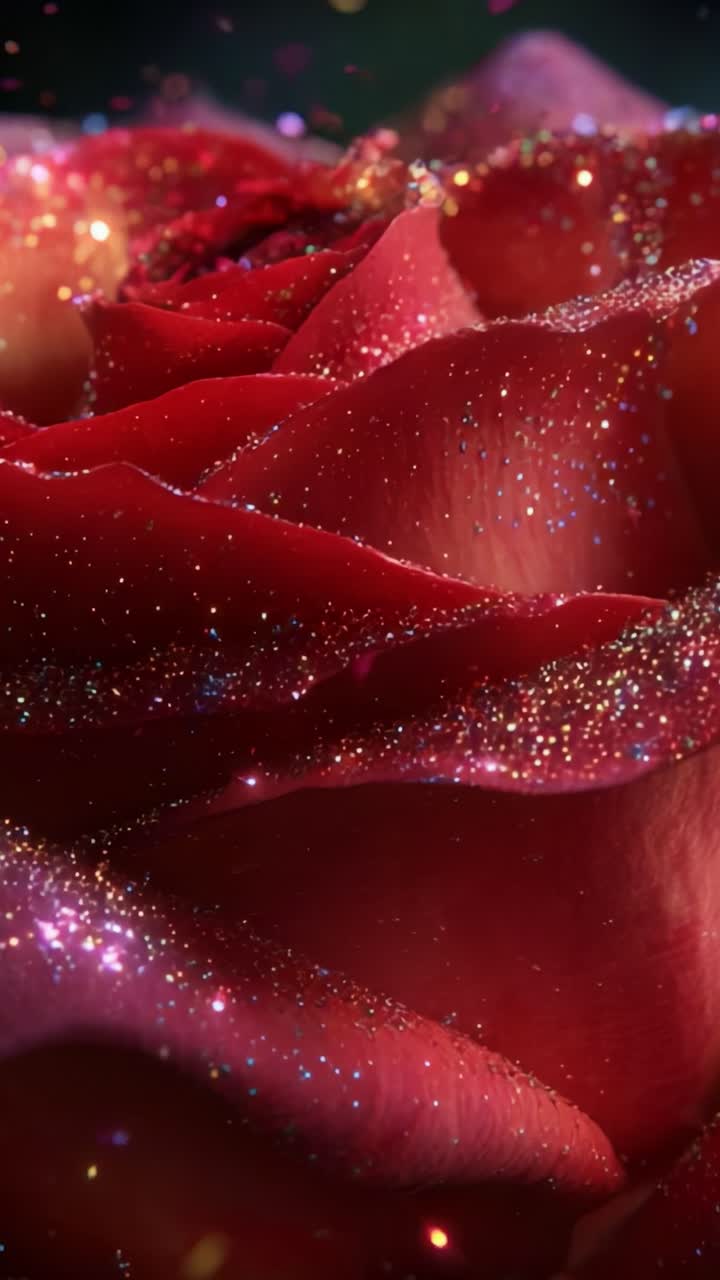 A Stunning Close-Up of a Red Rose Drenched in Sparkling Glitter, Showcasing Its Delicate Petals and Lush Texture Under a Soft Light That Creates a Dreamy and Ethereal Atmosphere of Floral Beauty