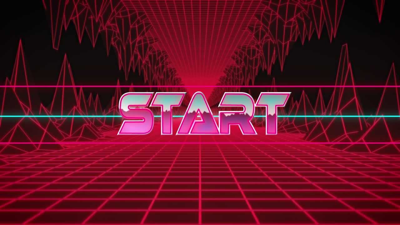 빨간색 그리드 네트워크와 메타버스 구조를 통해 시작 텍스트 배너의 애니메이션