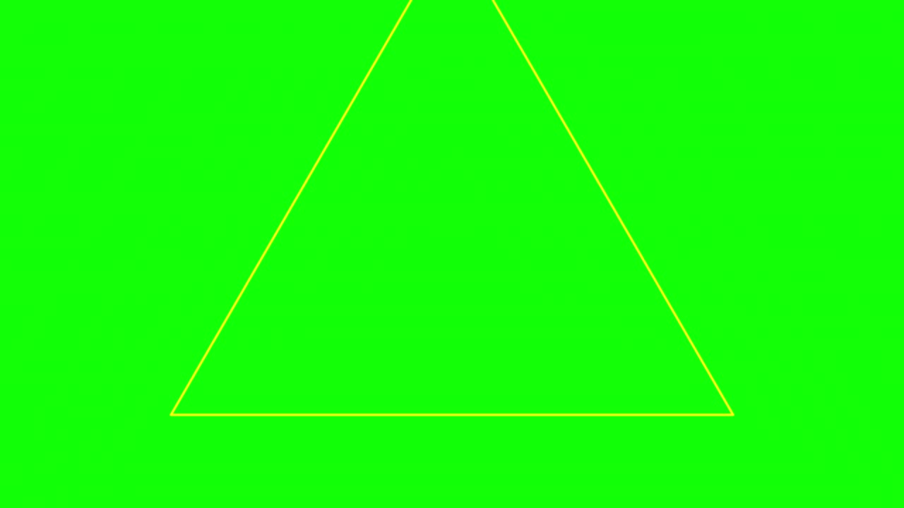 초록색 배경과 여러 개의 움직이는 삼각형, 반복적으로 확대 및 축소