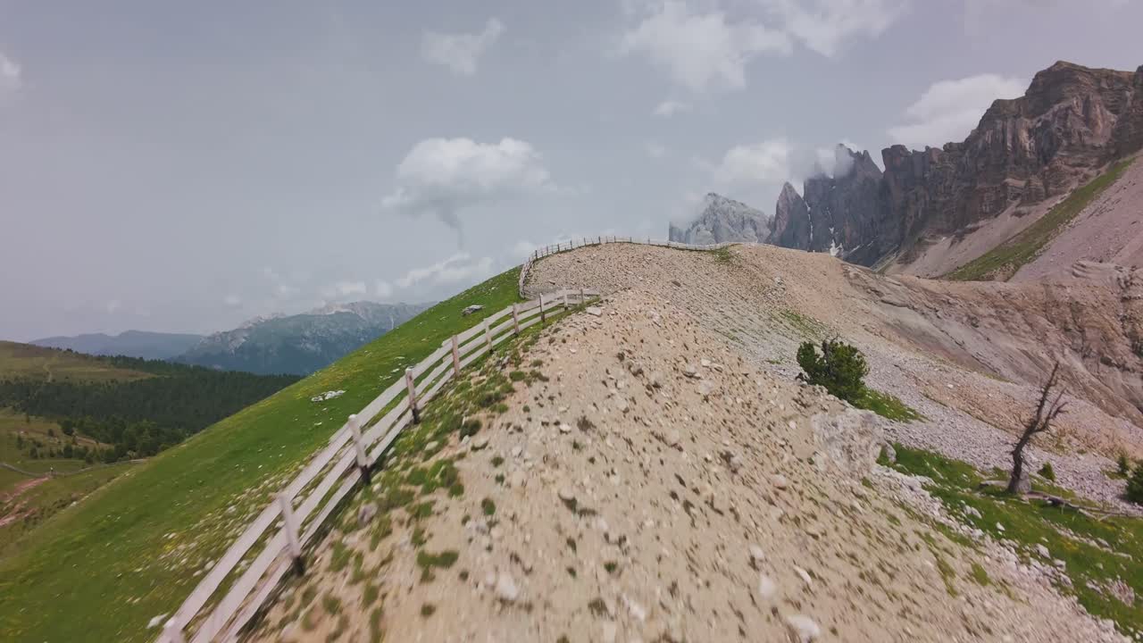 Aerial view of mountain landscape in the Dolomites, Italy on a sunny day