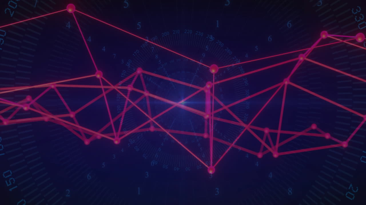 Network graph unfolding on dark blue dashboard, showing bright pink nodes linked by thin lines