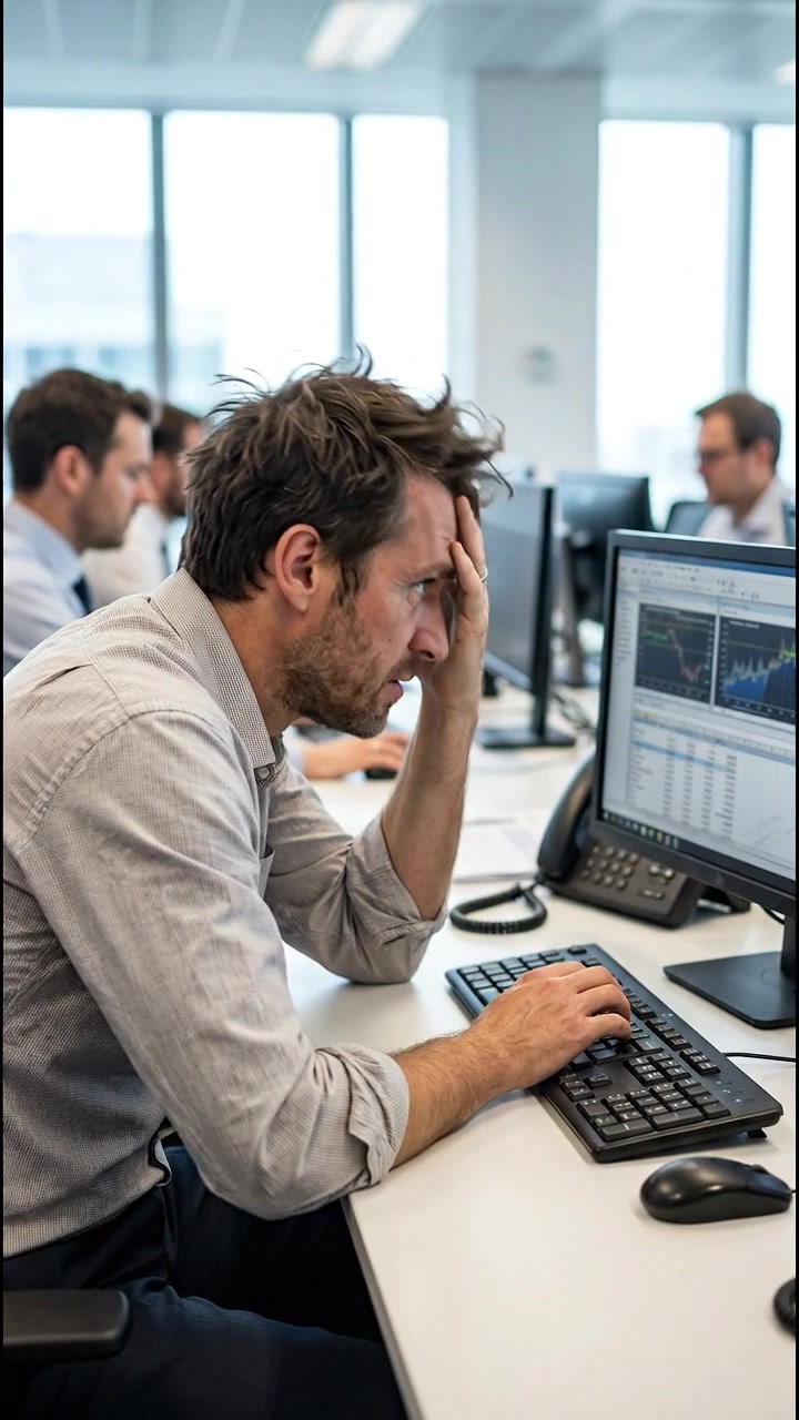 Gestresster Geschäftsmann arbeitet am Computer im Büro.