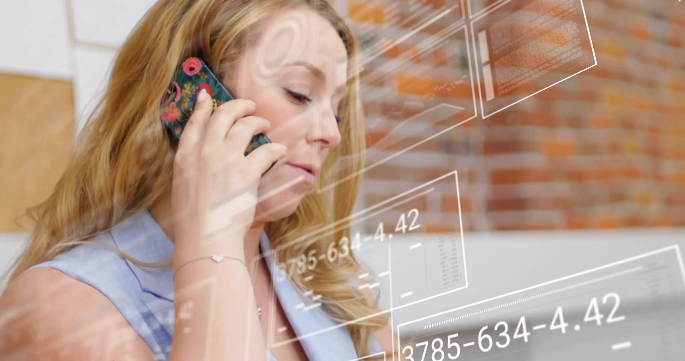 Office woman bringing phone to ear, handling business call while animated HUD revealing client info
