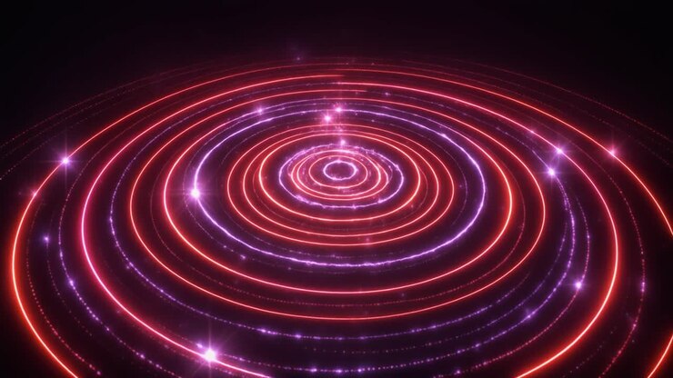 Círculos Neon Dinâmicos Vermelhos e Roxos Expandindo com Partículas Cintilantes.