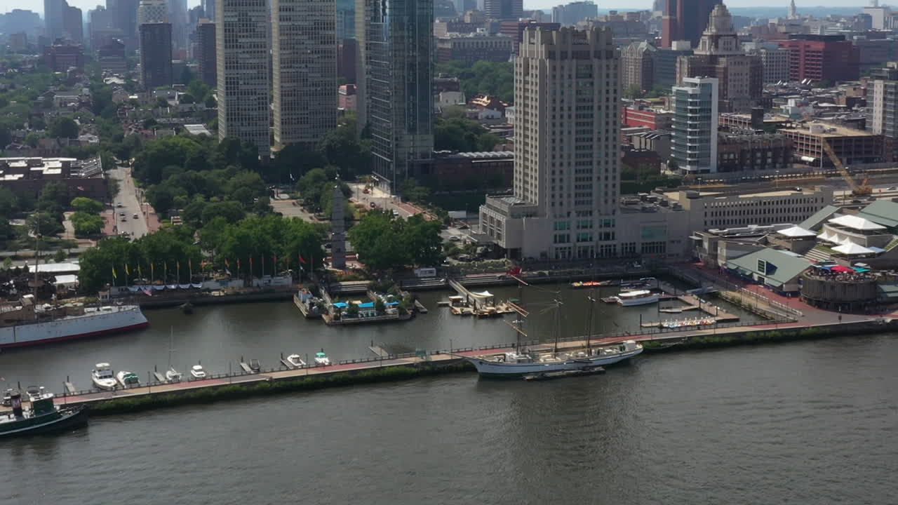 Penn's Landing Marina In Philadelphia, Pennsylvania, United States. Aerial Drone Shot