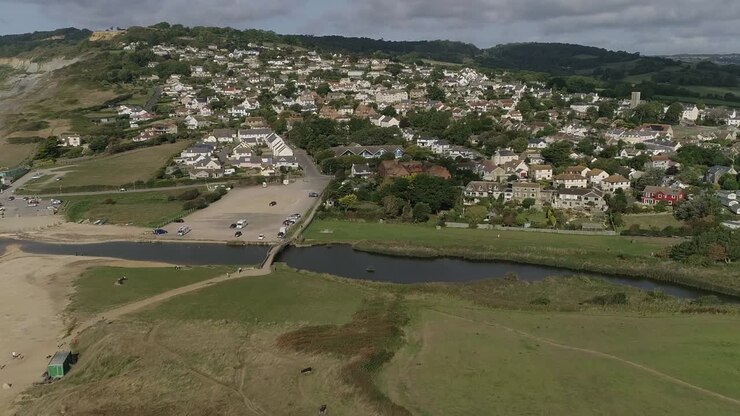 Aerial of the village of Charmouth from the east