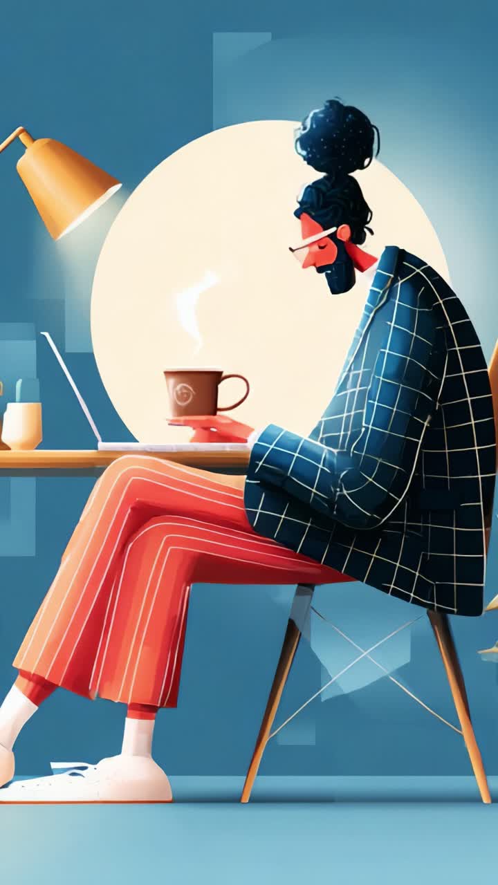 Una persona elegante che si gode un caffè mentre lavora a una scrivania con un laptop sotto una lampada calda, il tutto su uno sfondo sereno blu e bianco