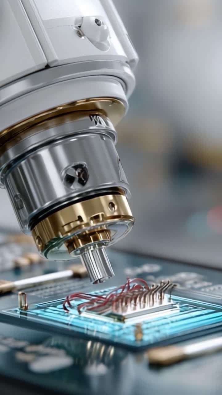 Advanced Microprocessor Manufacturing: Close-up of a Precision Robotic Arm Operating on a Semiconductor Chip with Intricate Wiring and Circuitry Design